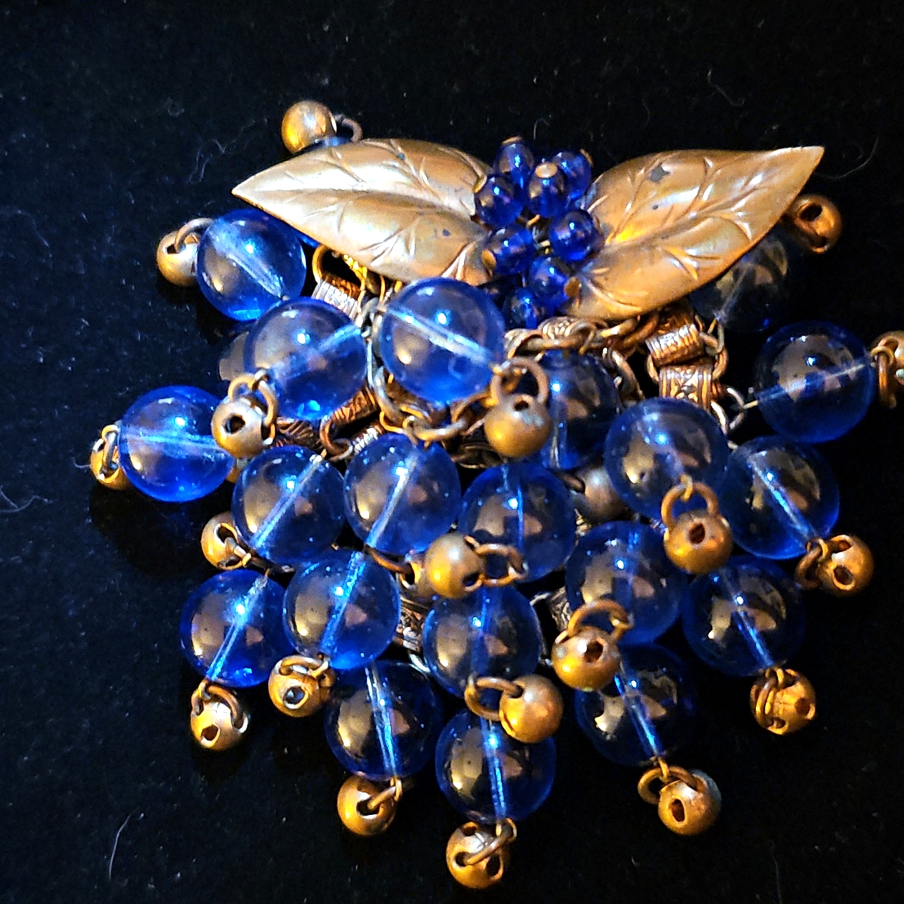 Czechoslovakian Colbalt Blue Glass Grape Cluster Brooch